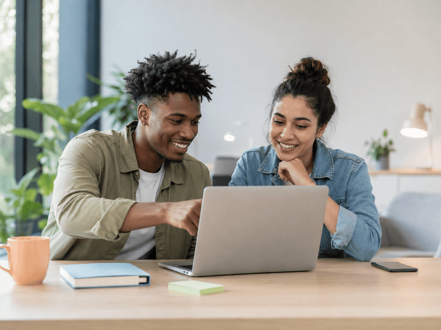 Deux étudiants du campus collaborent autour d’un ordinateur portable.