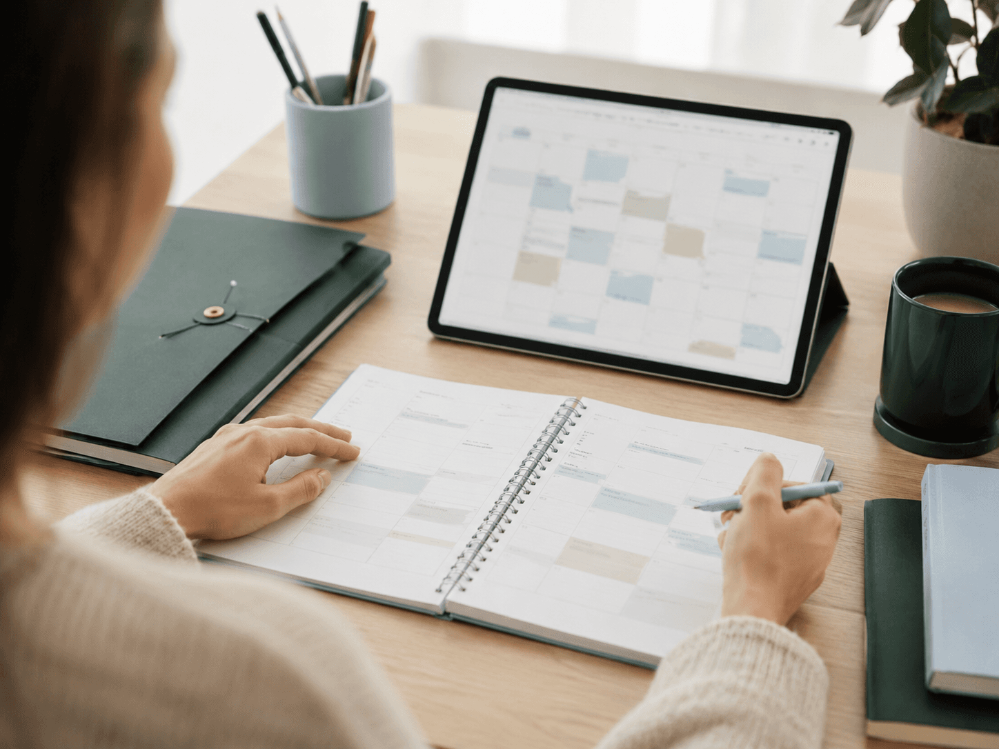 Un étudiant organise son planning de sessions sur une tablette et un agenda.